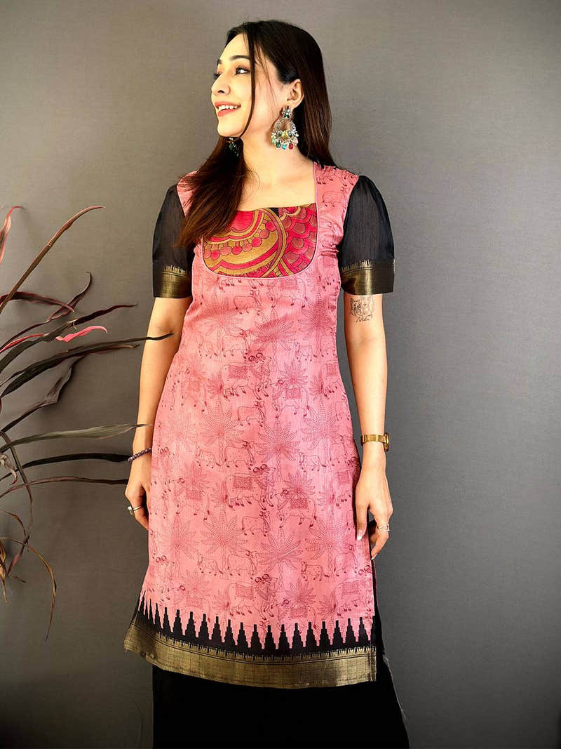 Dusty Rose Kota Doriya Print Dress with Black and Gold Border