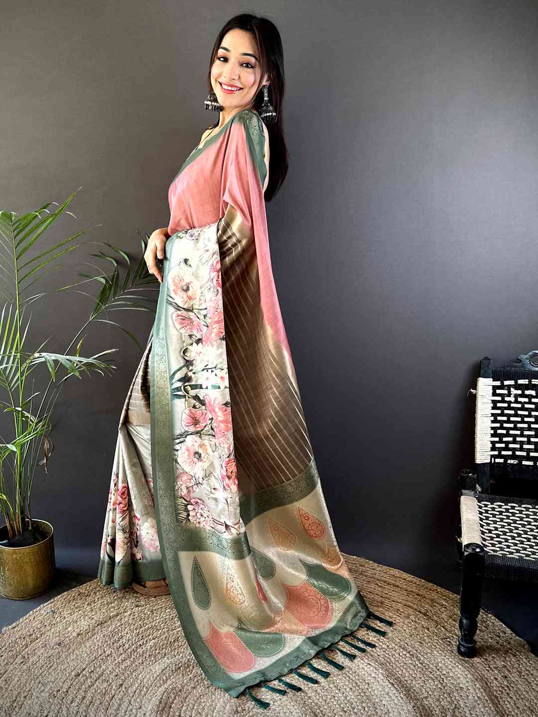 Pink Soft Silk Placement Digital Print Saree
