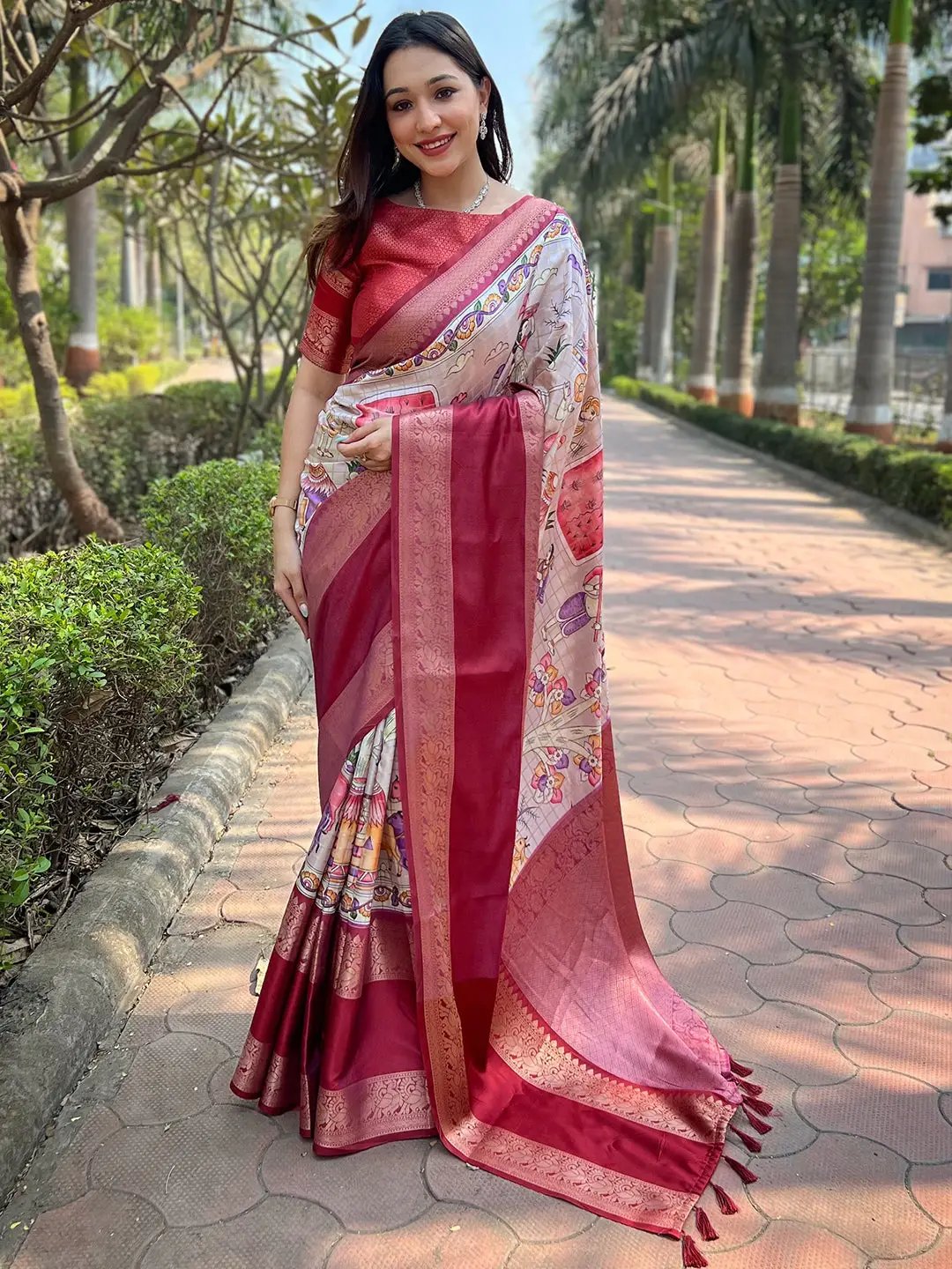 Wine Colour Double Border Chex Weaving Banarasi Silk Saree worn outdoors