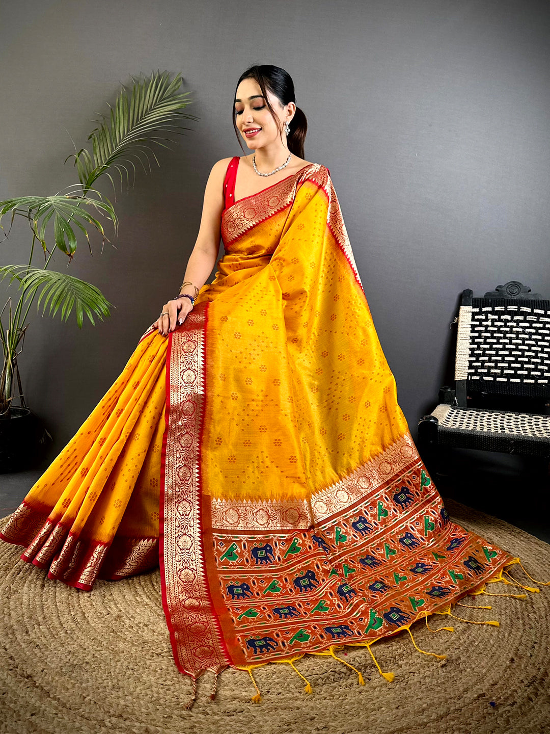 Yellow Bandhej Pochampally Raw Silk Saree