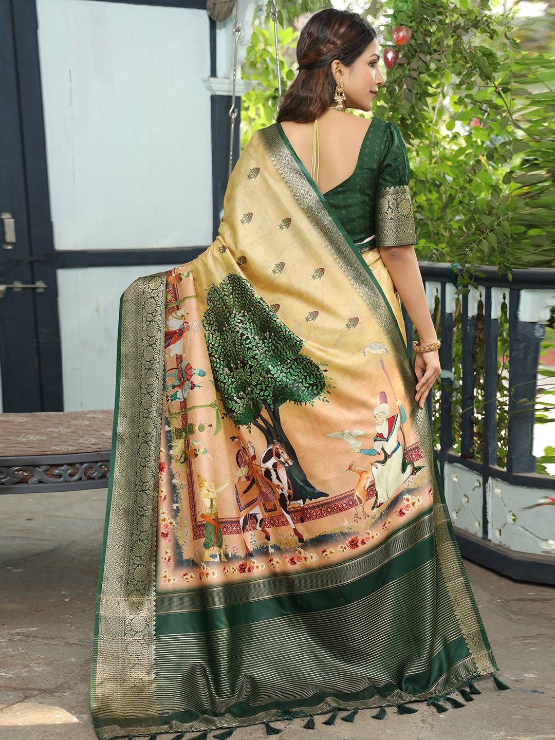 Viscose Dola Silk Yellow Saree with Floral and Mughal Print