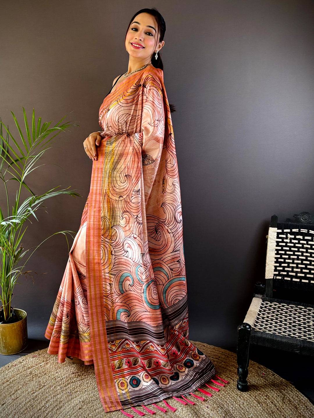 Pink Soft Silk Ocean Wave Patterns Saree