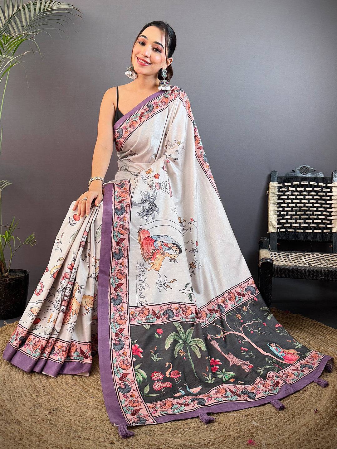 Artful Tussar Kalamkari Print Saree