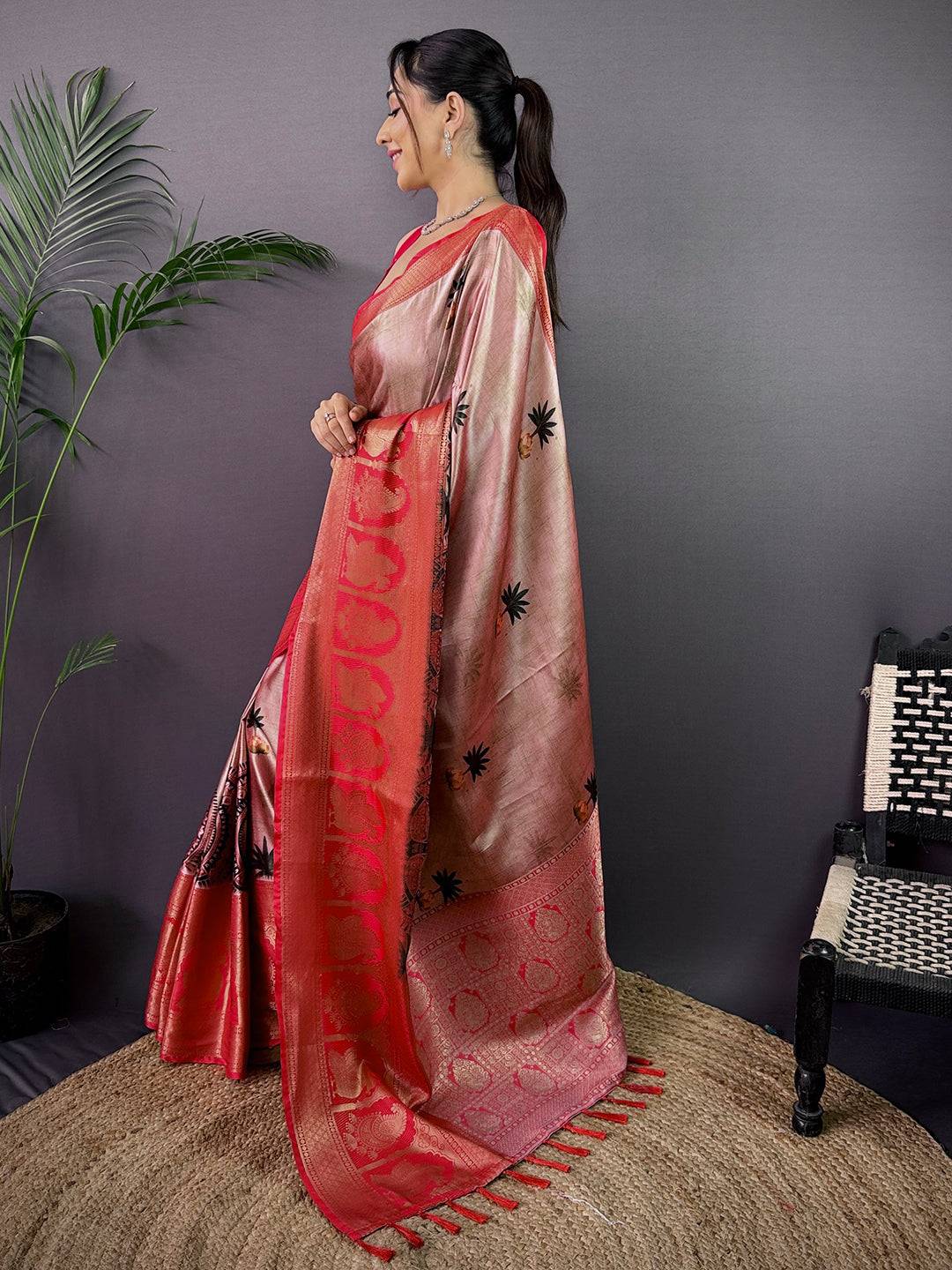 Elegance Soft Cherry Satin Kalamkari Print Saree