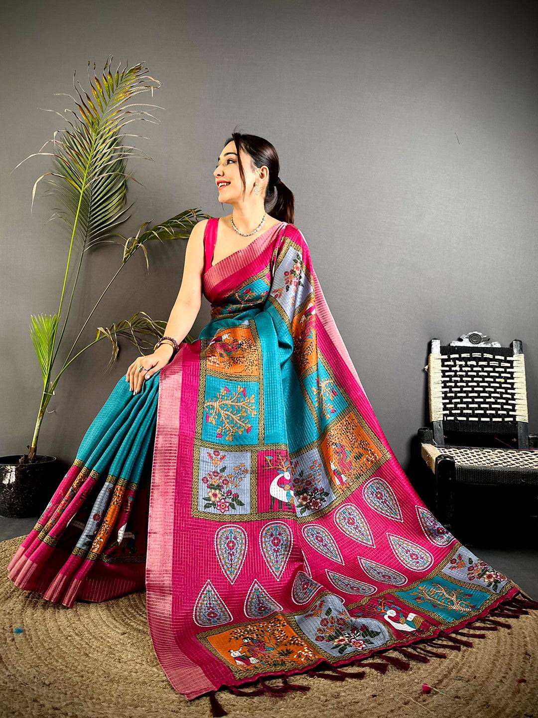 Rama Tussar Kalalmkari Print Saree