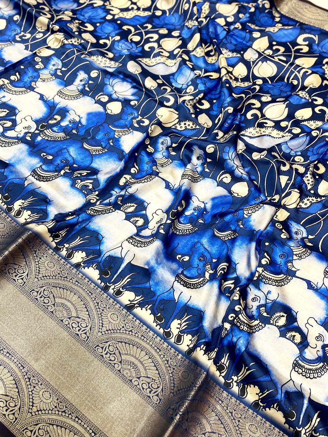 Royal Blue Digital Kalamkari Banarasi Saree