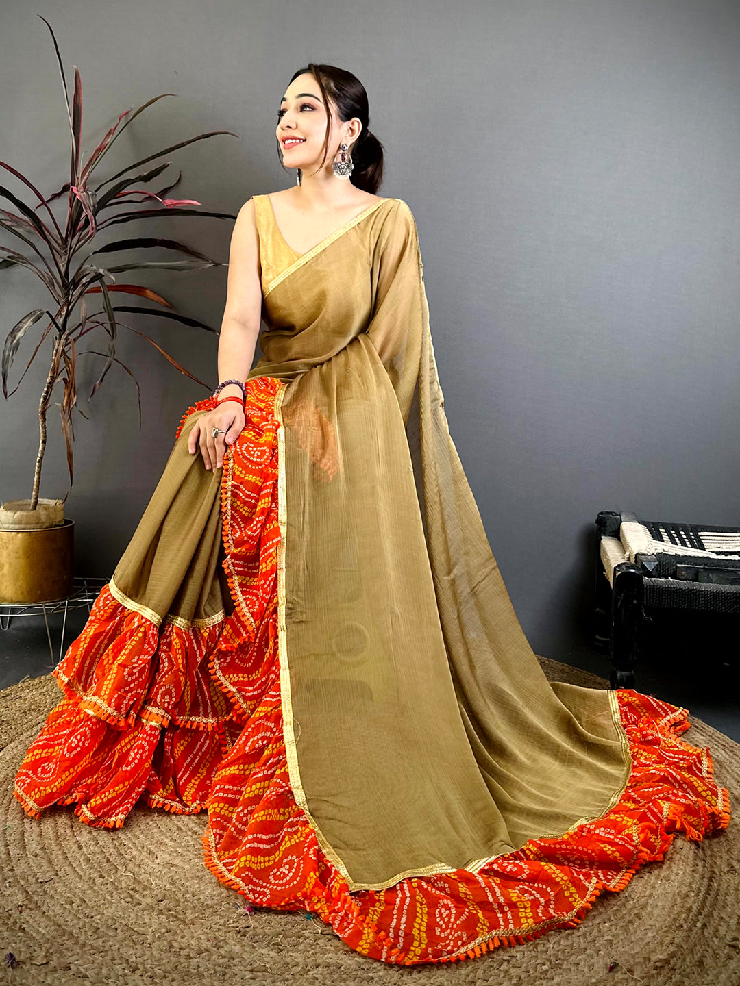 Stylish Soft Chiffon Bandhej Ruffle Saree