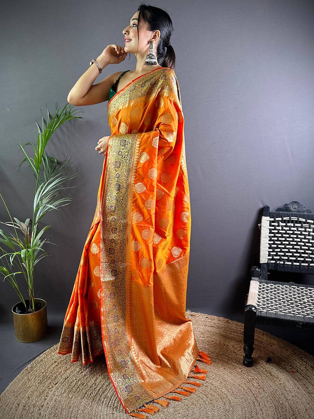 Orange Banasari Silk Saree With Zari Weaving