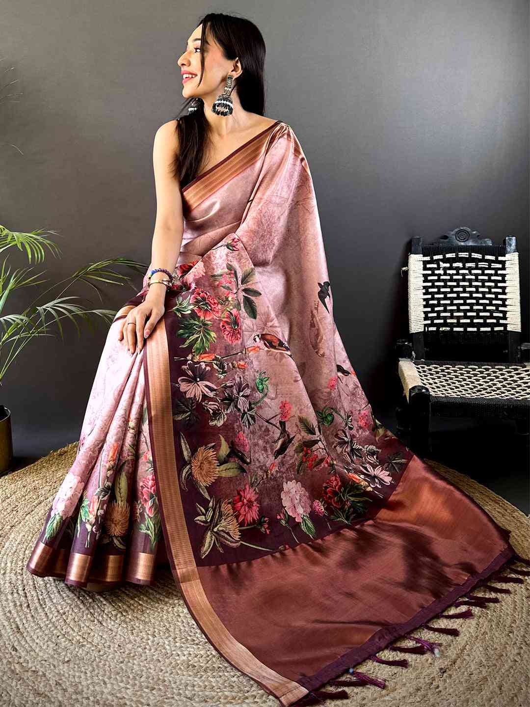 Rose Pink Floral Grace Soft Silk Tissue Saree