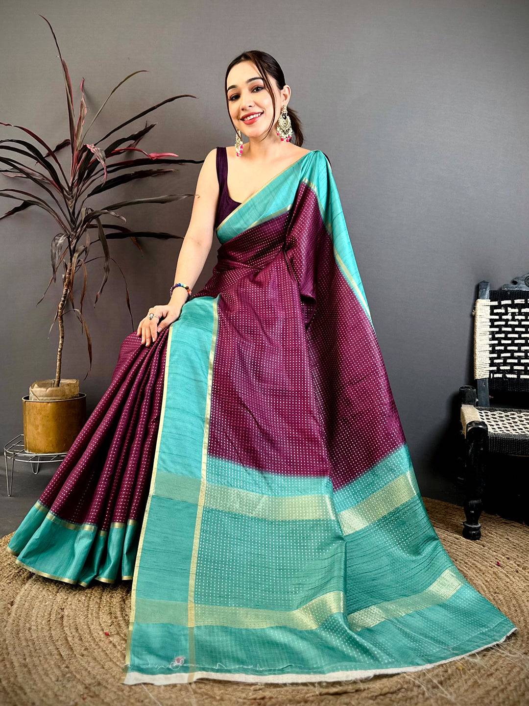 Wine Tussar Gold Zari 1000 Butti Saree