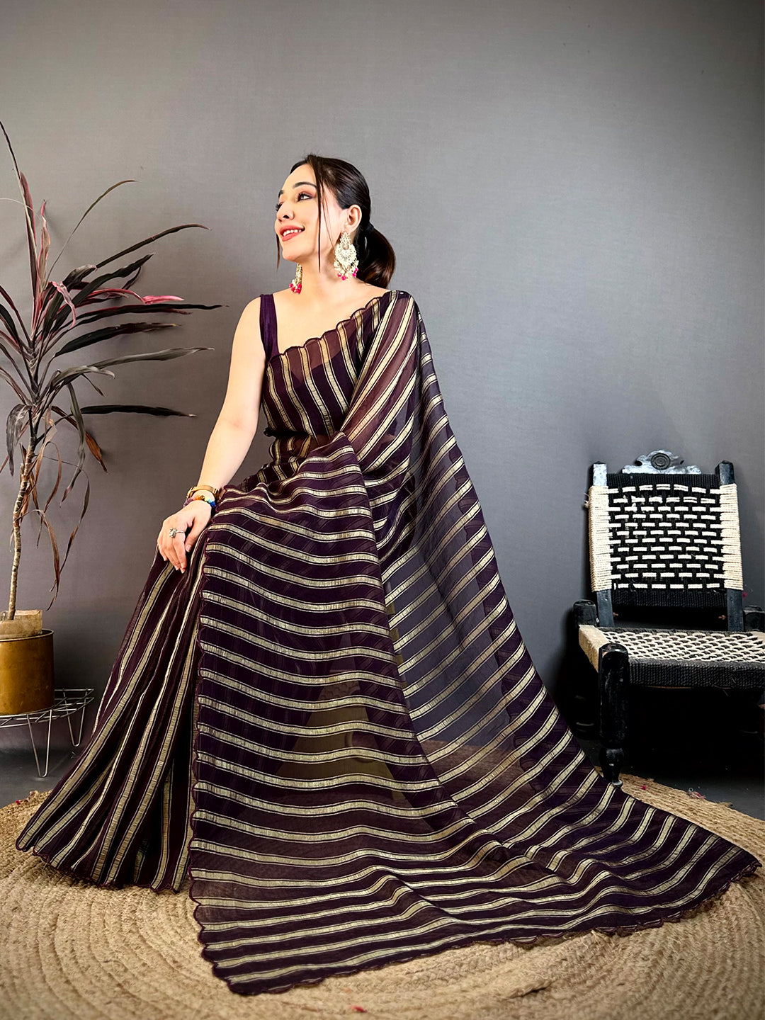 Coffee Brown Gold Zari Stripe Chiffon Saree
