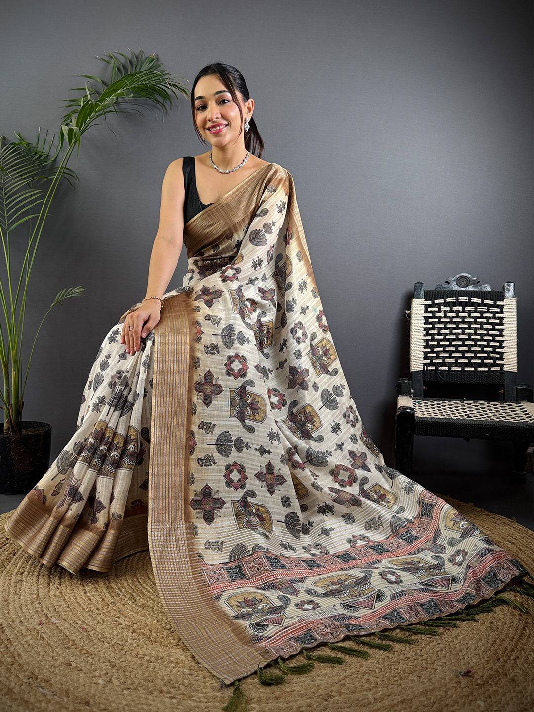 Ivory Linen Digital Printed Saree