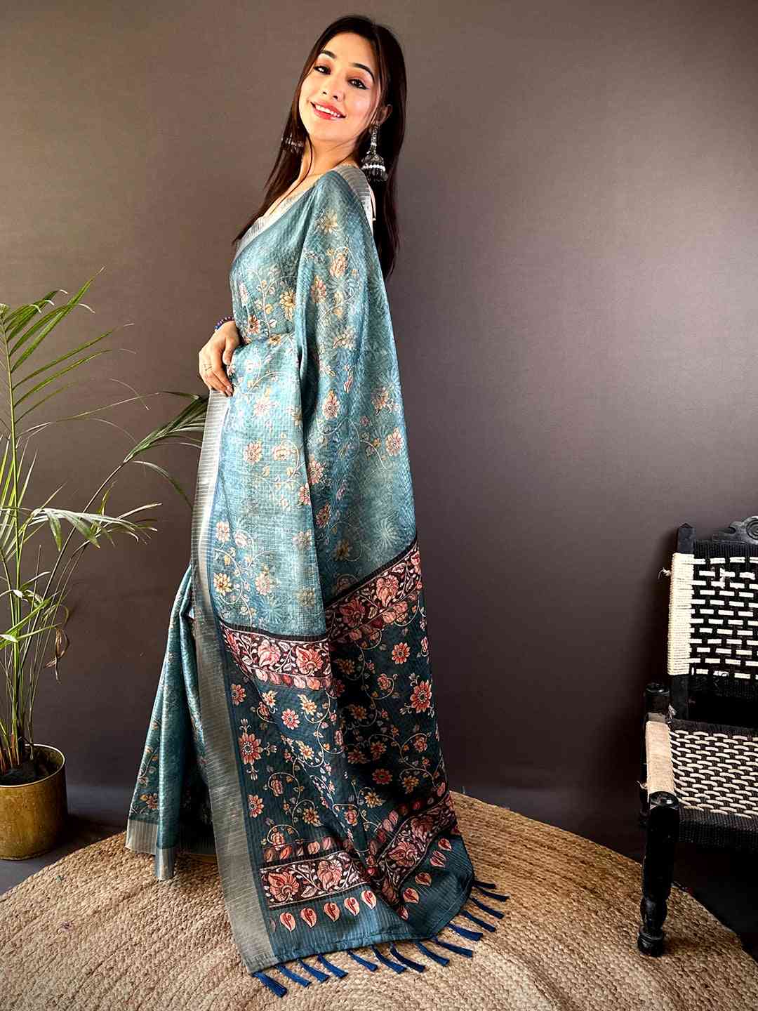 Teal Blue Gold Zari Chanderi Phulkari Floral Saree