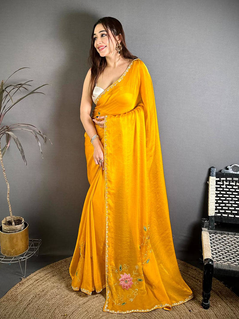 Yellow Embroidered Butta Satin Zari Saree