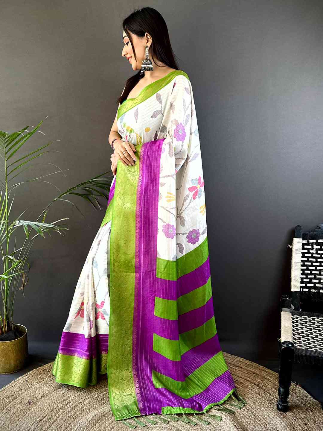 Green Dola Silk Bird Print Saree