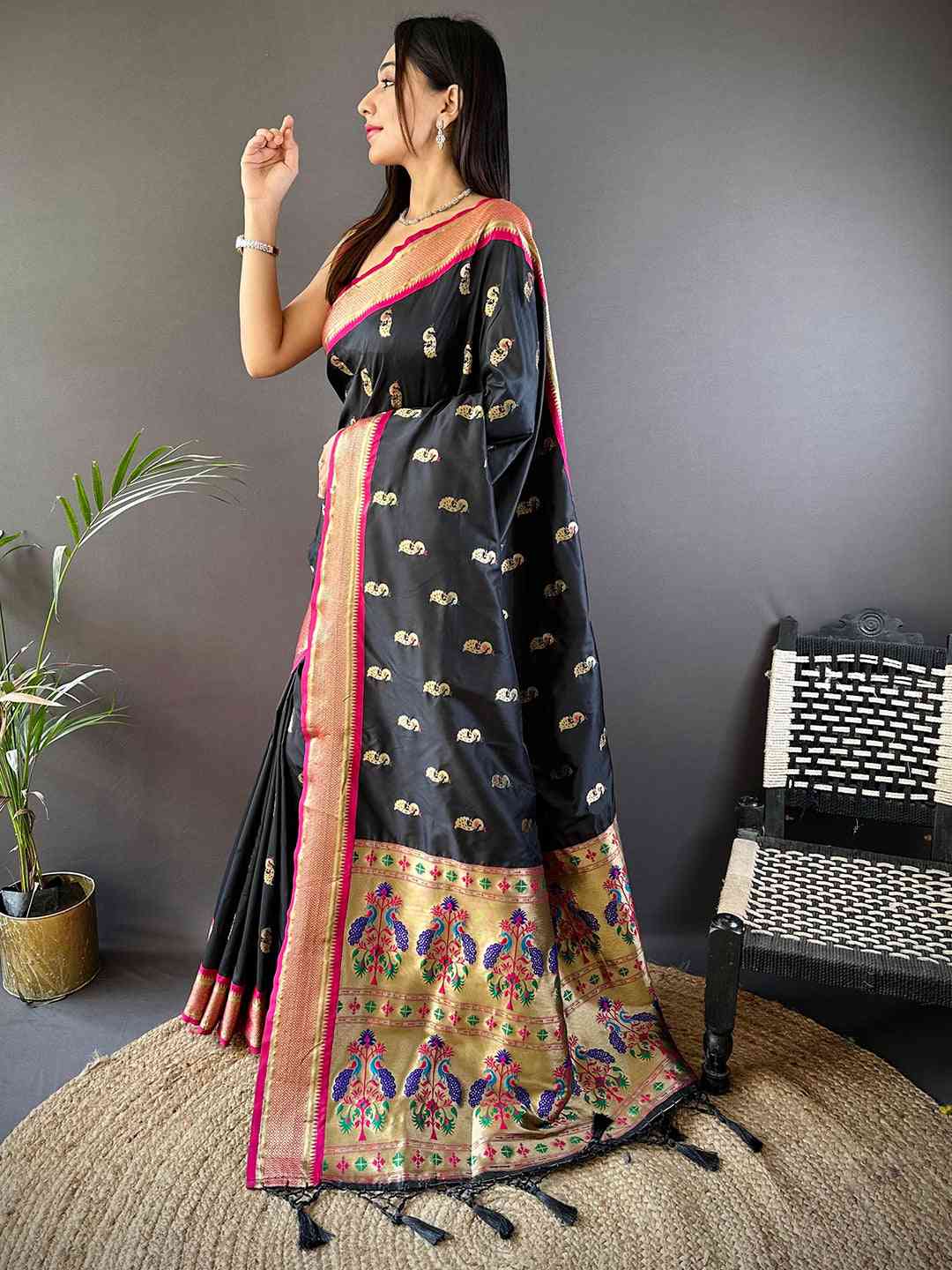 Traditional Black Colour Yevla Paithani Minakari Work Silk Saree