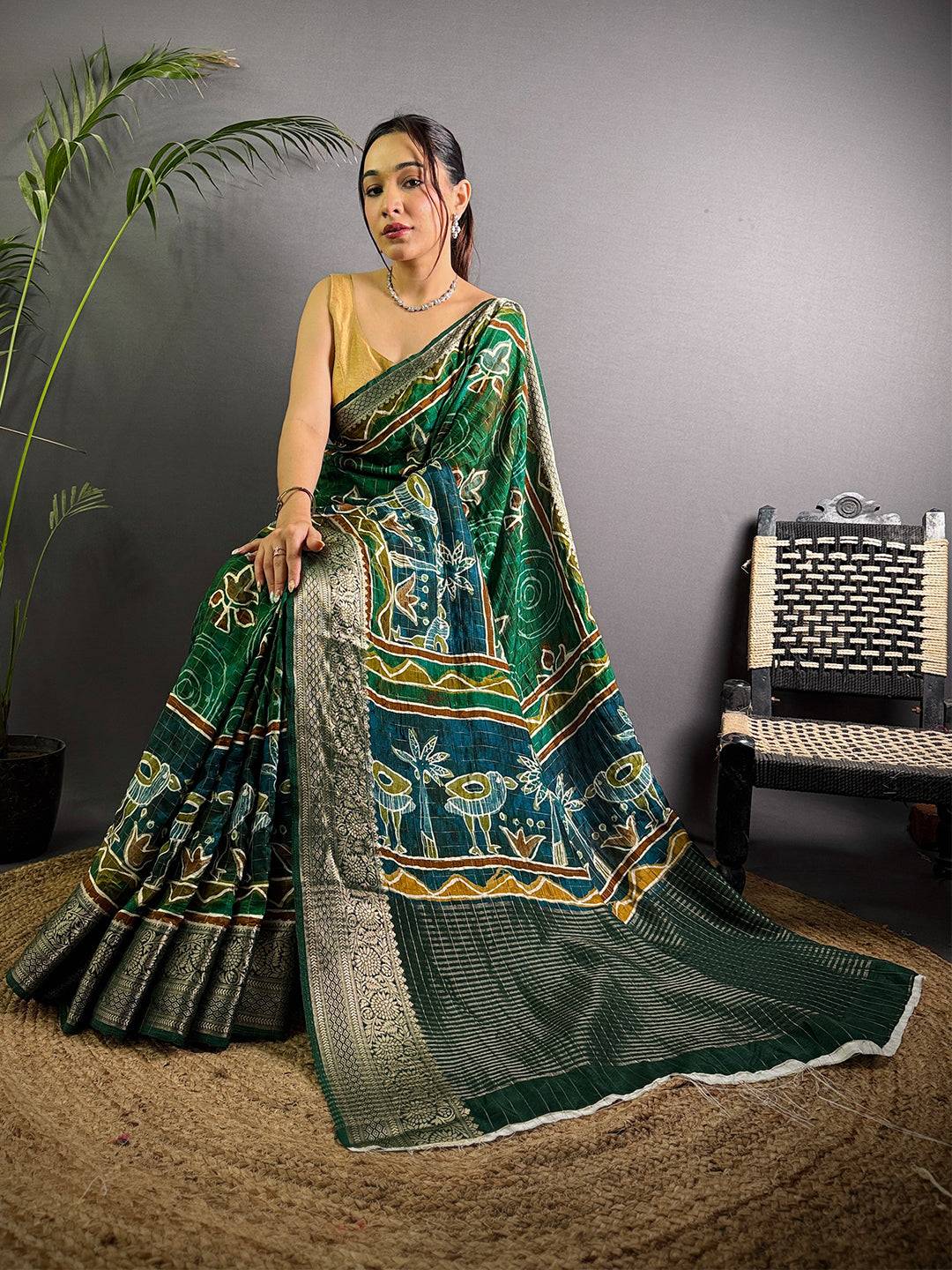 Green Pure Viscose Tribal Floral Print Saree