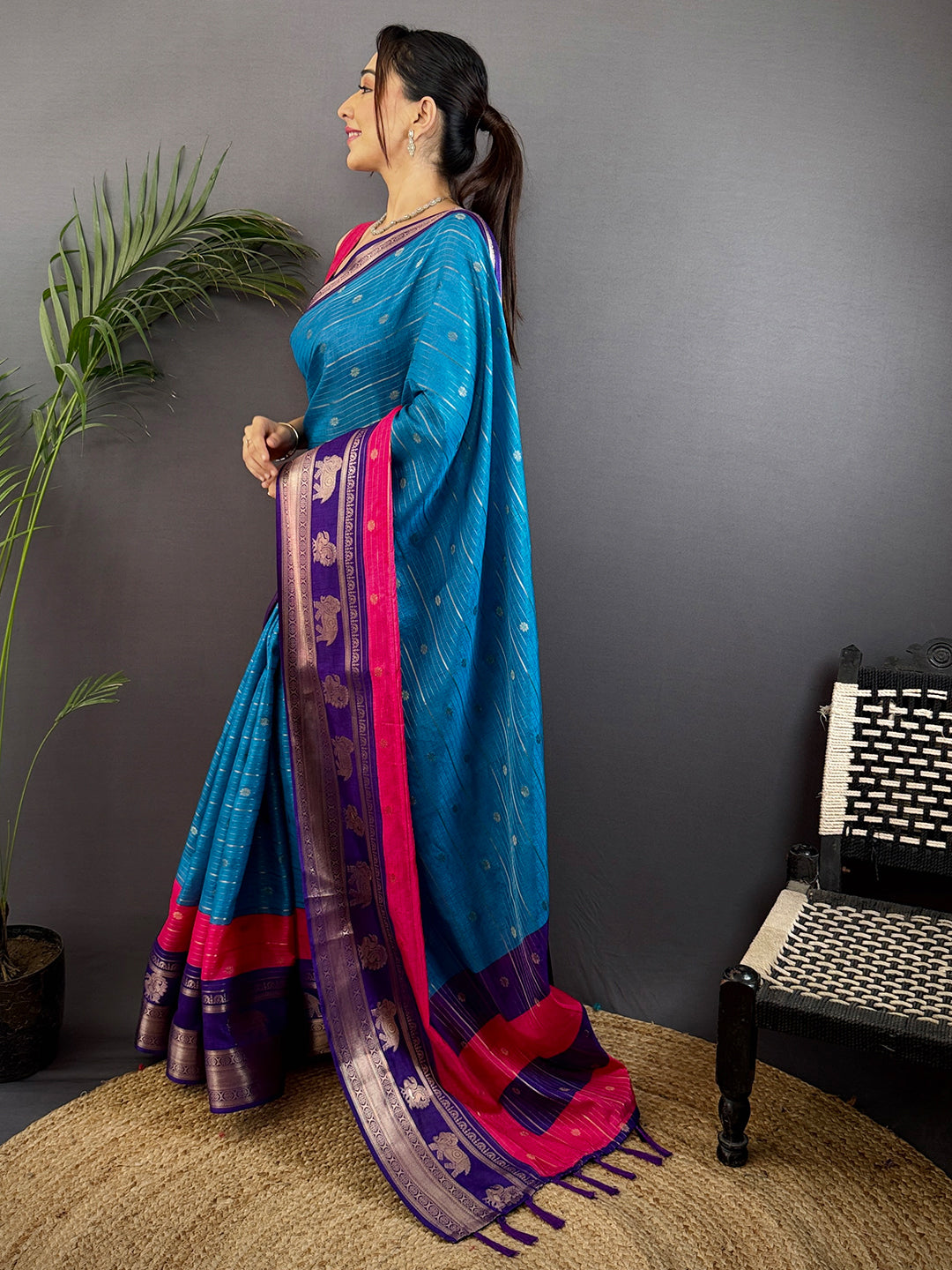 Sky Blue Soft Dola Silk Striped Print Saree