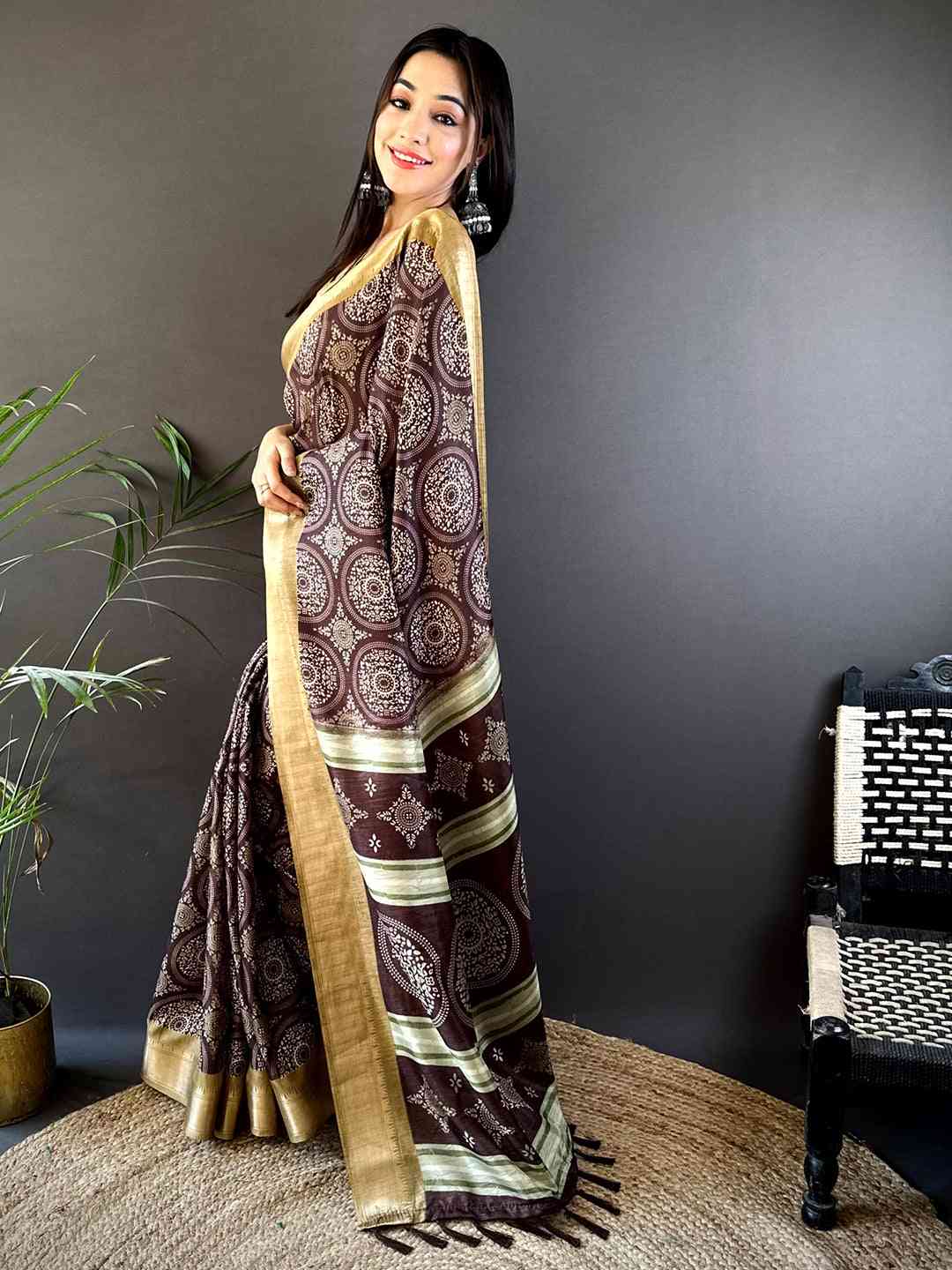 Brown Soft Manipuri Silk Bandhej Saree