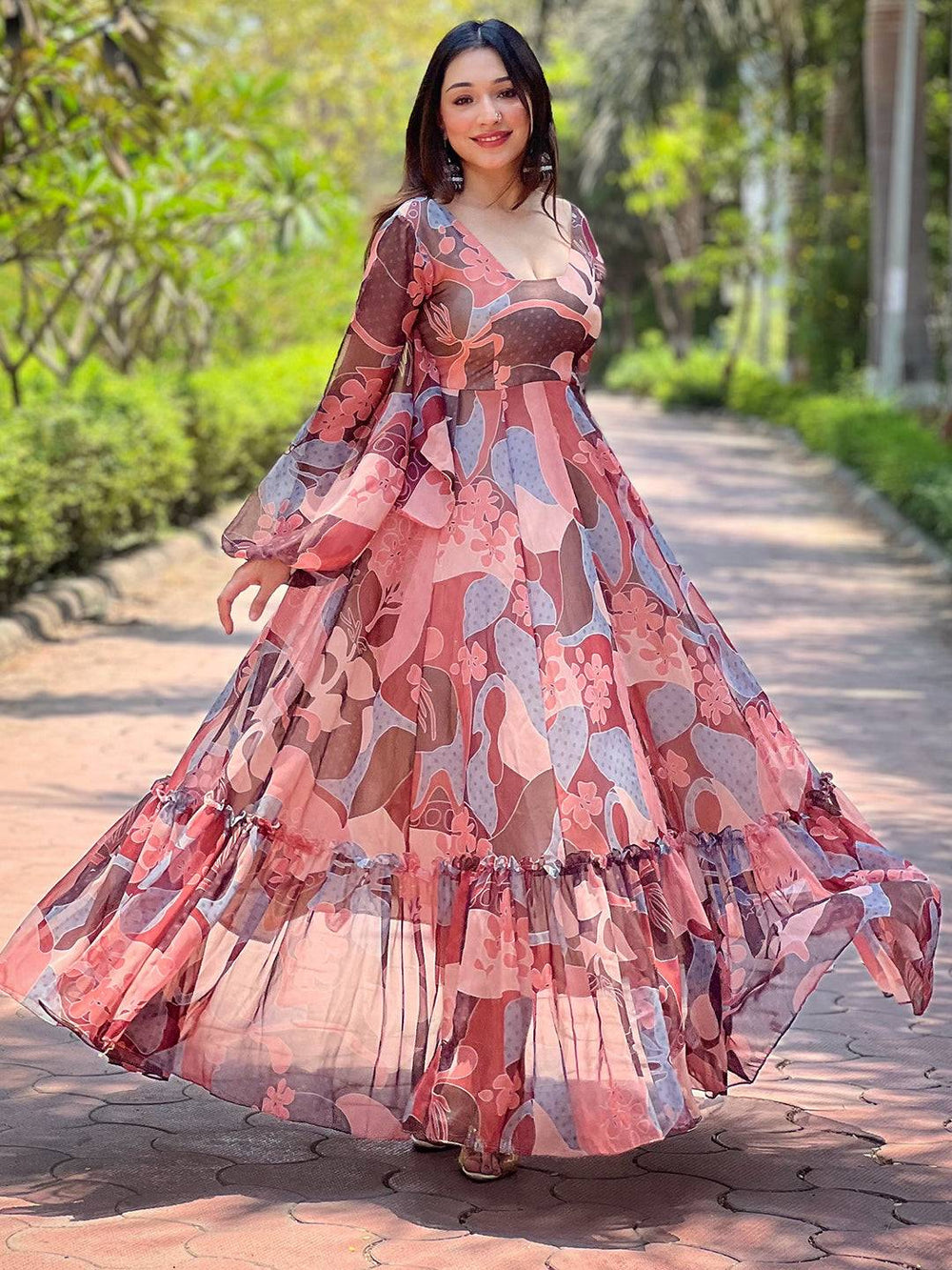 Coffee brown abstract print dress with flowing design