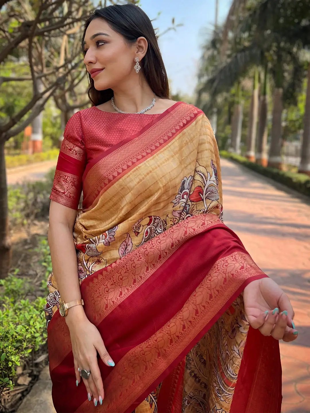 Close-up of mustard Banarasi saree showcasing detailed chex weaving.