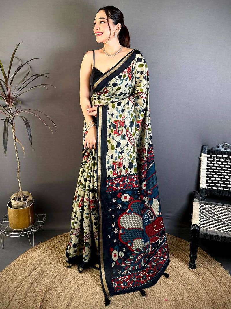 Classic Mul Cotton Elephant Kalamkari Print Saree