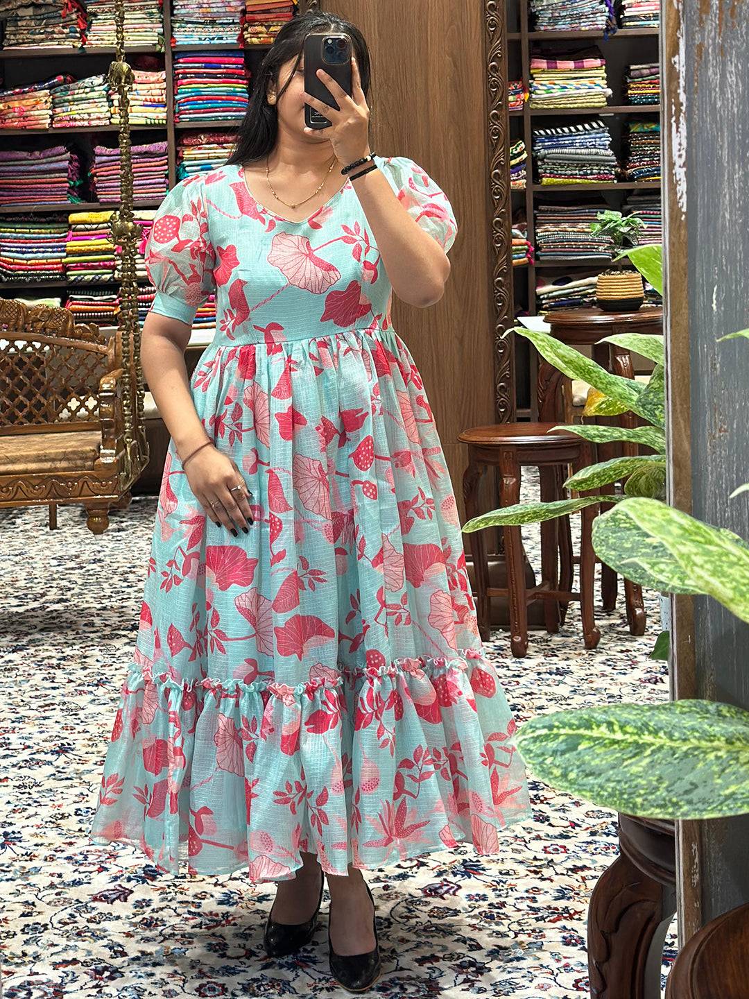 Elegant Ocean Blue Abstract Print Dress on display