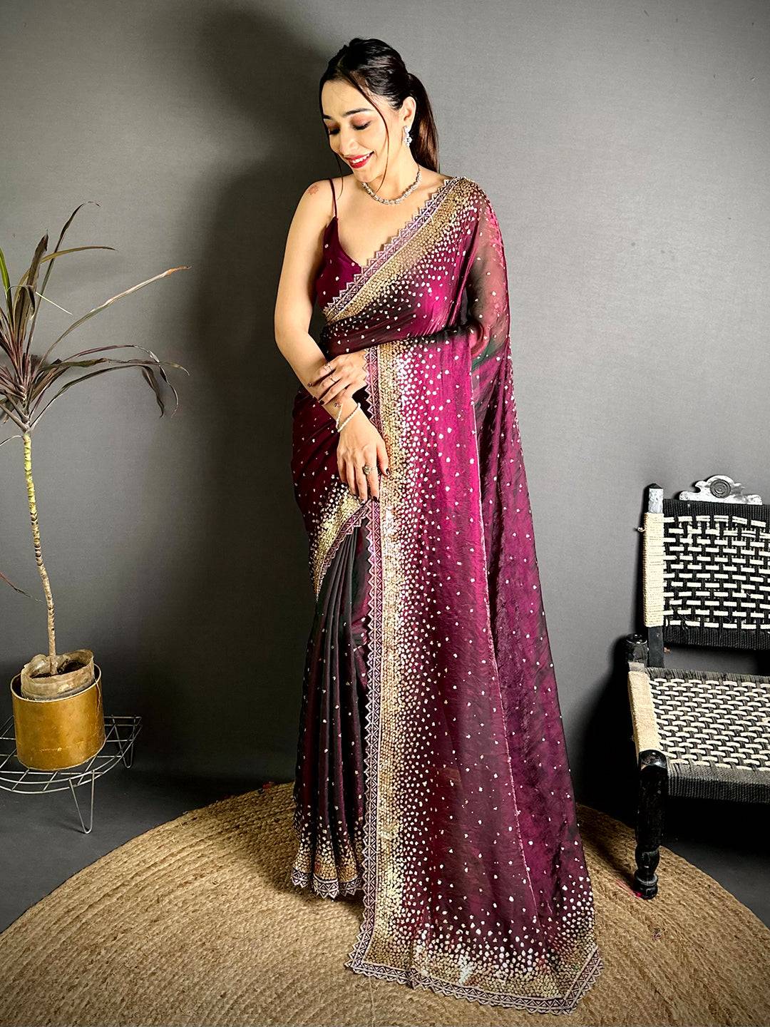 Classic Golden Sequinne Work Silk Tissue Saree