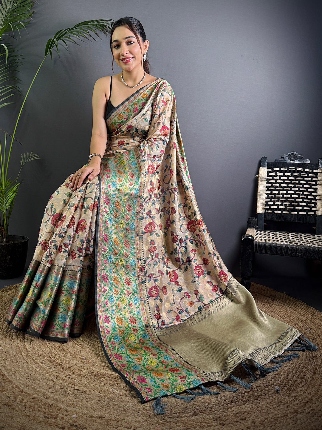 Beige Kalamkari Printed Kora Tissue Saree