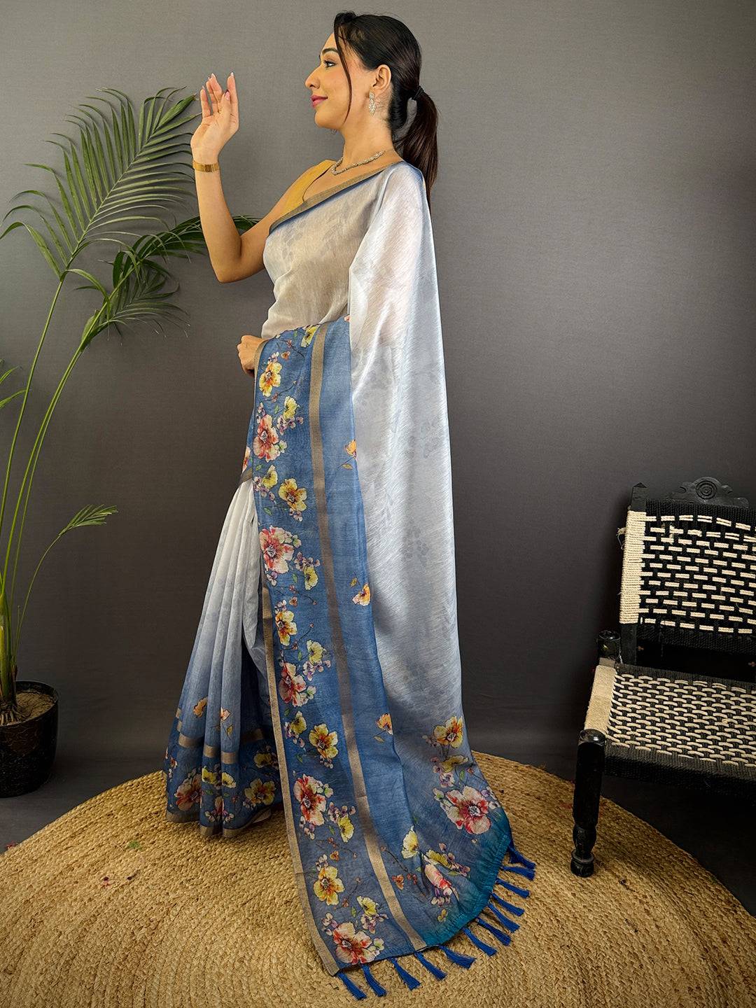 Denim Blue Linen Chanderi Floral Print Saree