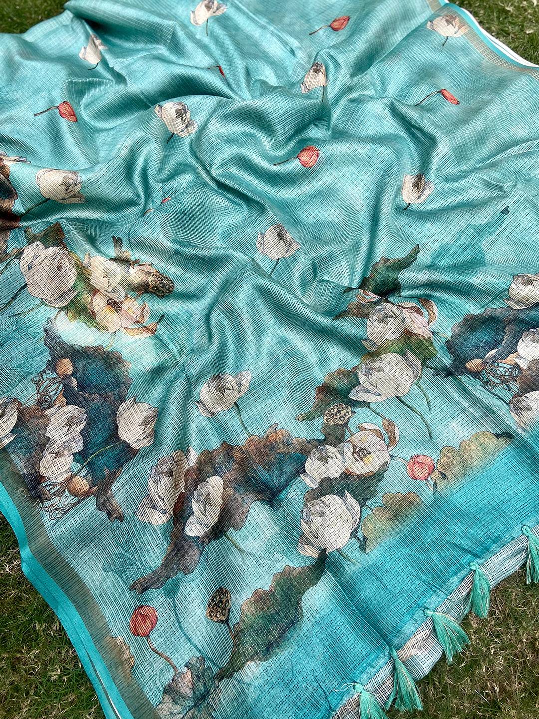 Turquoise Soft Kota Doriya Silk Saree With Flower Print