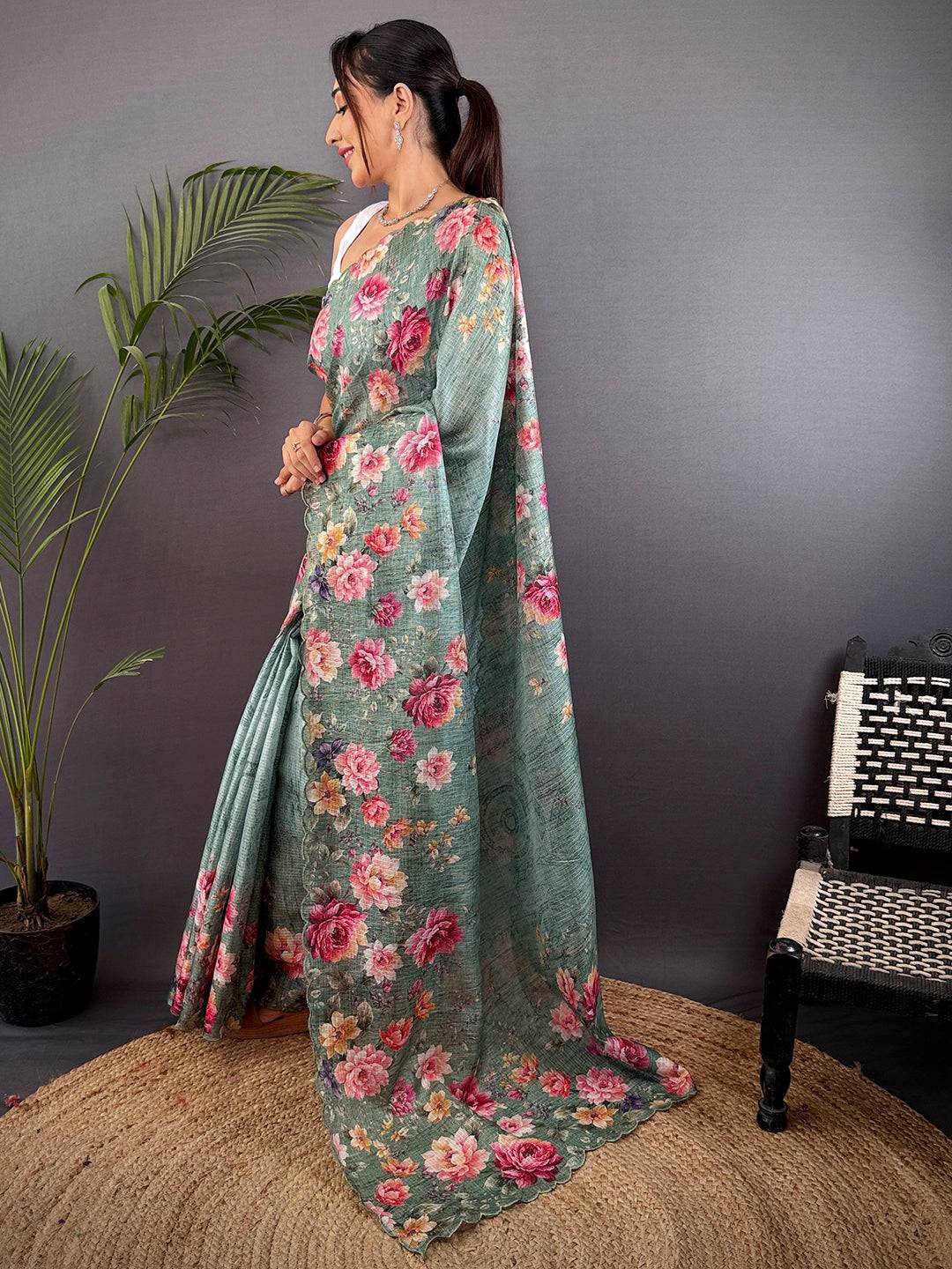 Mint Green Kota Doriya Floral Cut Work Saree