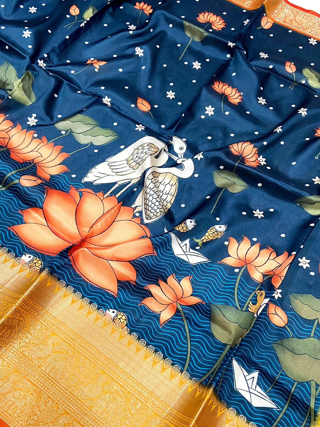 Navy Blue Floral Printed Banarasi Saree