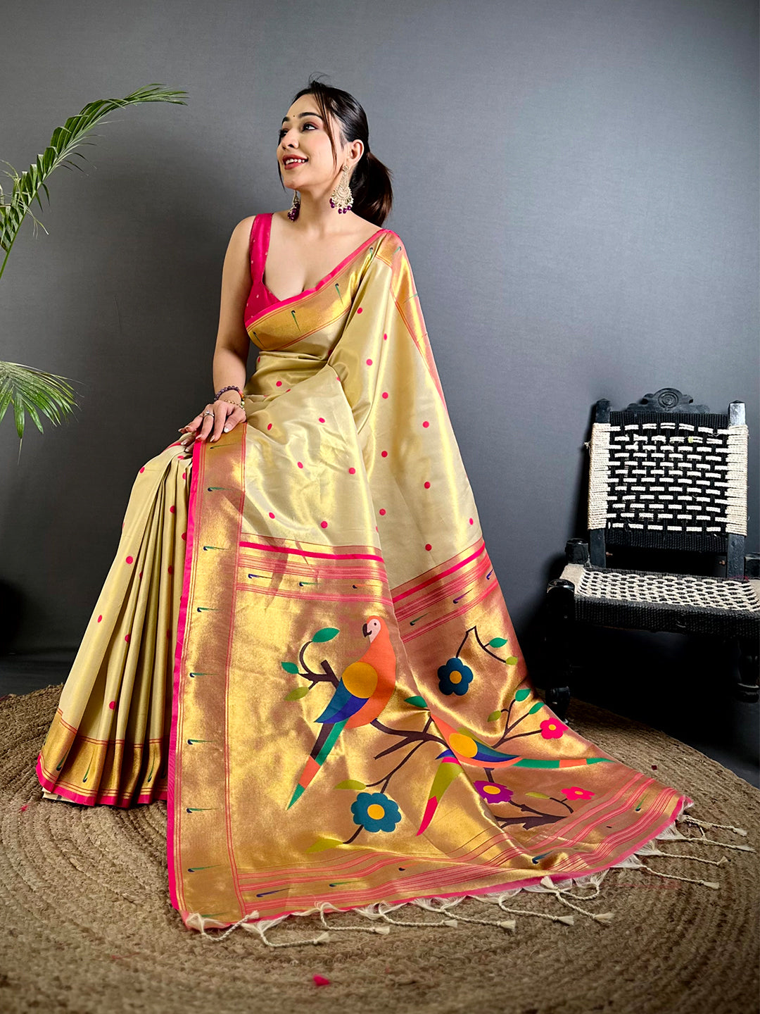 Gream Glass Tissue Yevla Paithani Saree