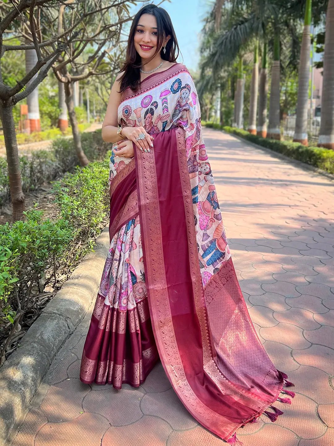 Elegant woman in Banarasi silk saree with intricate design