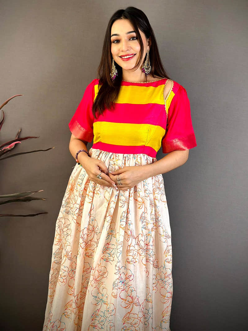 Yellow and Pink Striped Soft Kota Doriya Dress with Floral Print