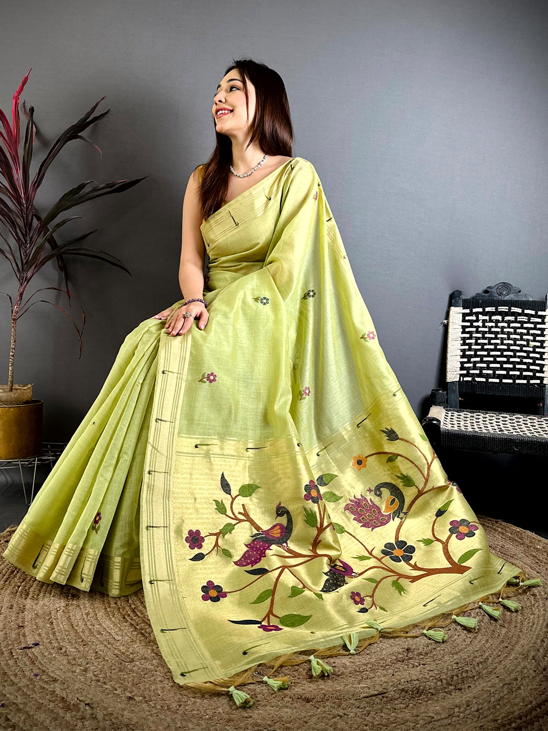 Pista Sunflower Minakari Khadi Saree