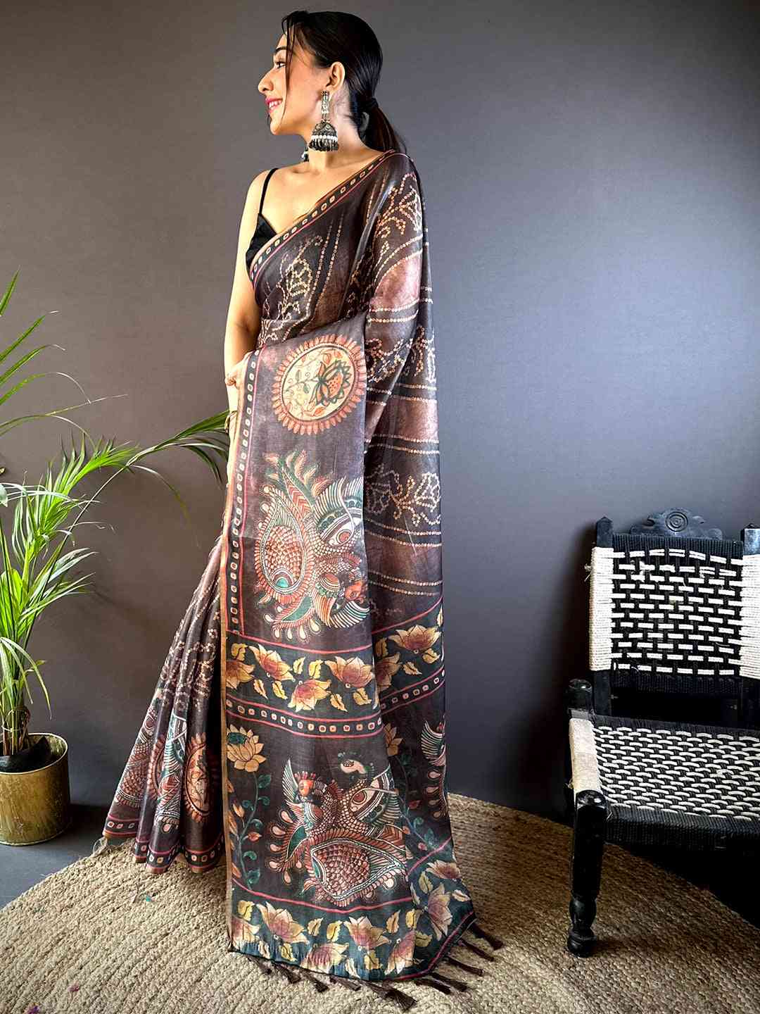 Wine Chanderi Bandhej Digital Print Saree