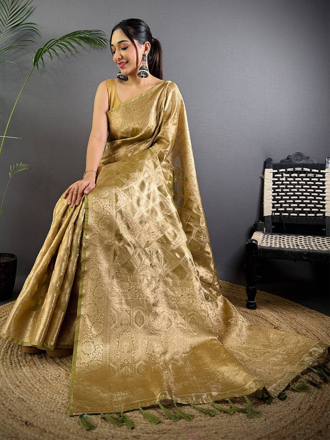 Olive Tissue Jarokha Zari Weaving Saree