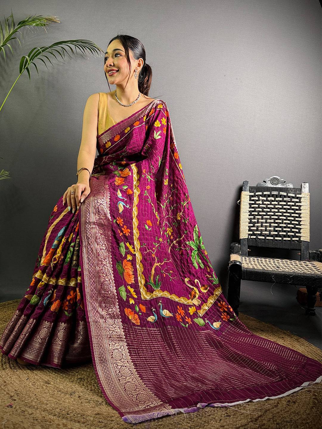 Deep Purple Pure Viscose Kalalmkari Print Saree