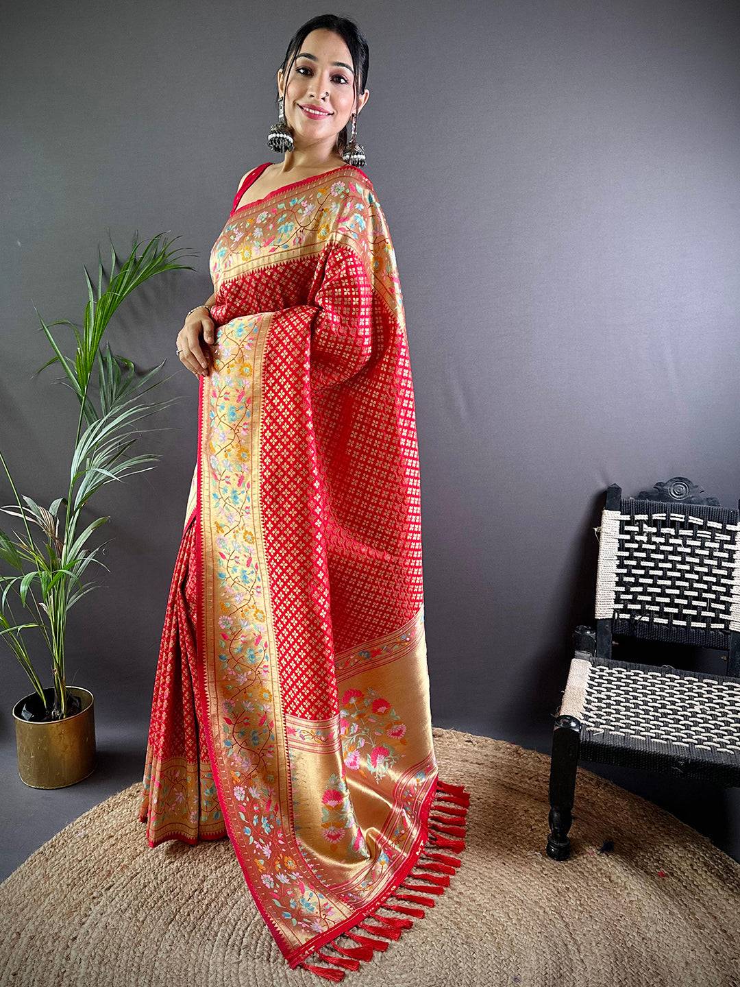 Red Banarasi Mina Kari Katan Silk Saree