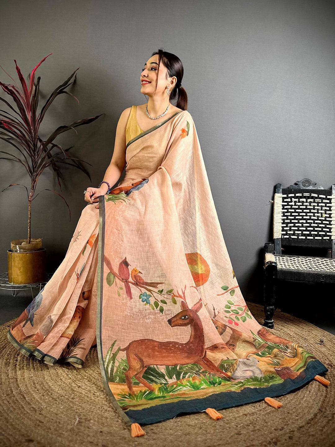 Peach Animal Print Linen Chanderi Saree