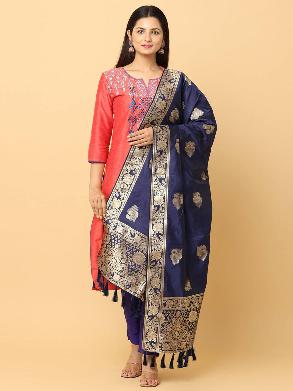 Front view of silk blend dark blue dupatta with elegant woven patterns