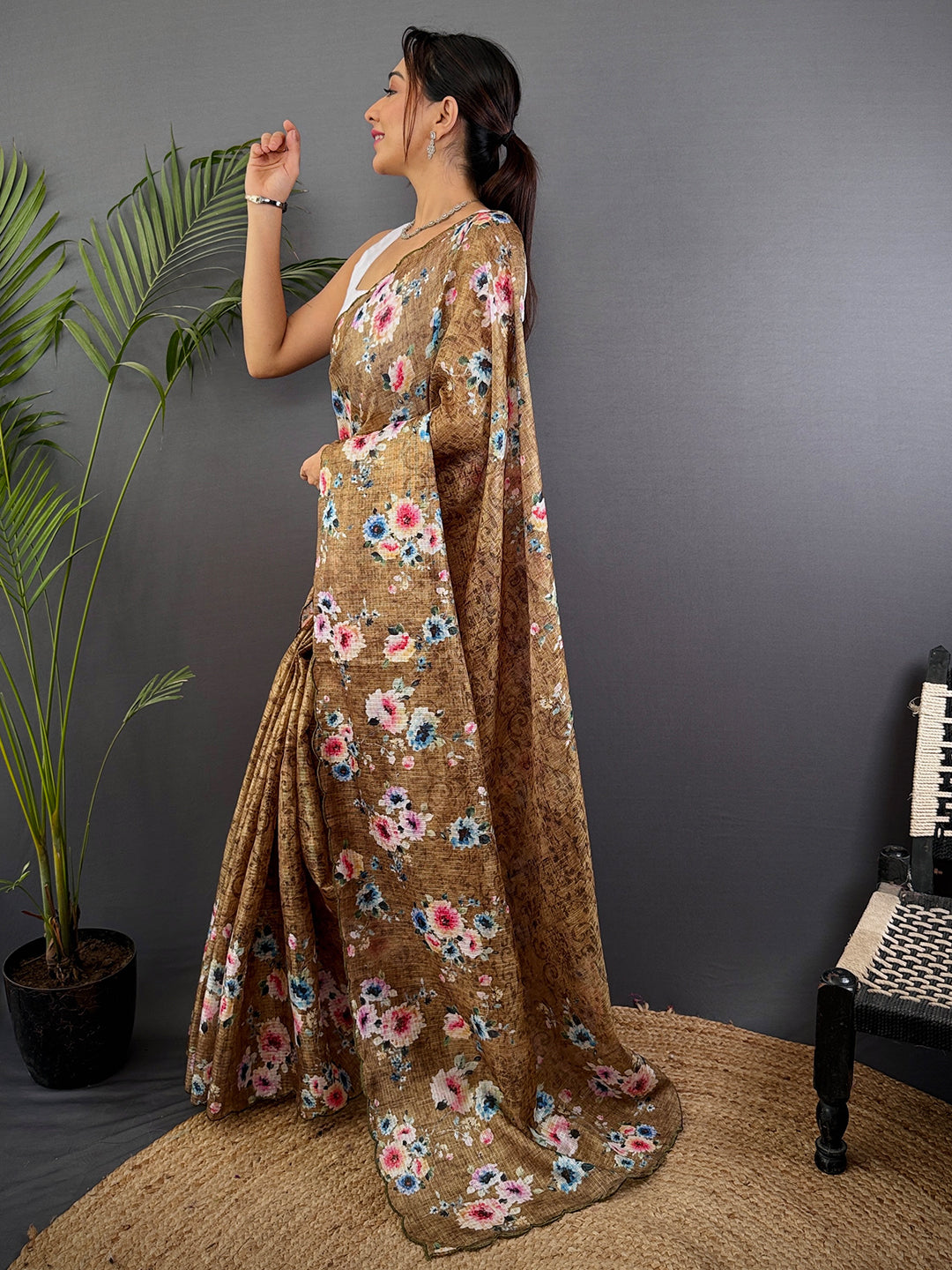 Brown Floral Cut Work Kota Saree
