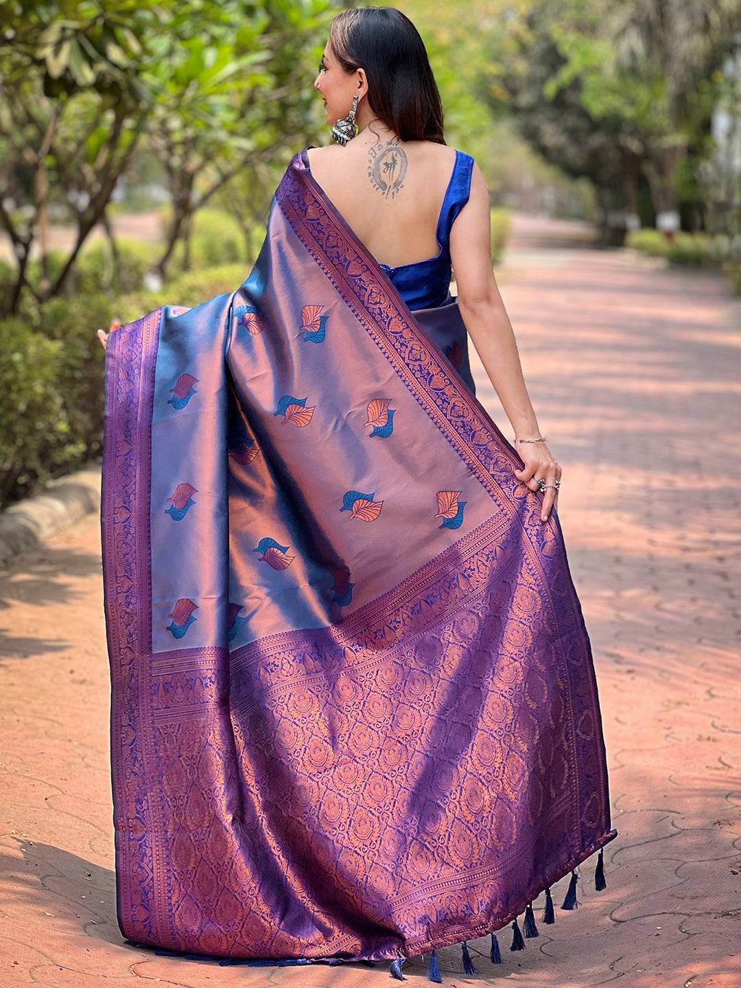 Back view of navy Kanjivaram saree showcasing gold zari design