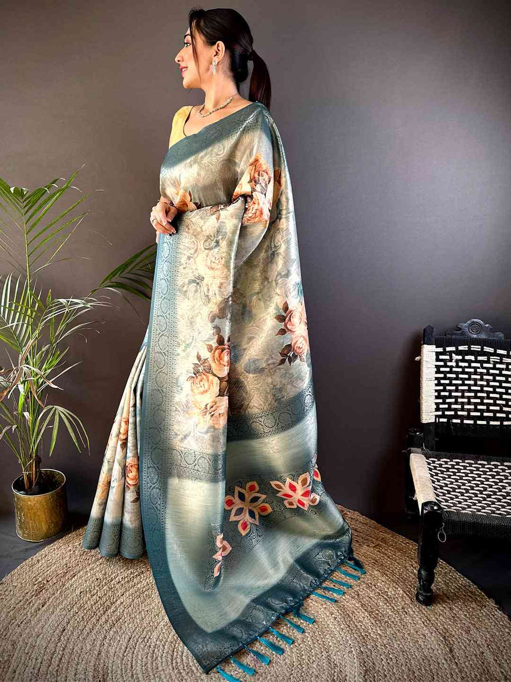 Blue Slub Ghicha Zari Pallu Saree