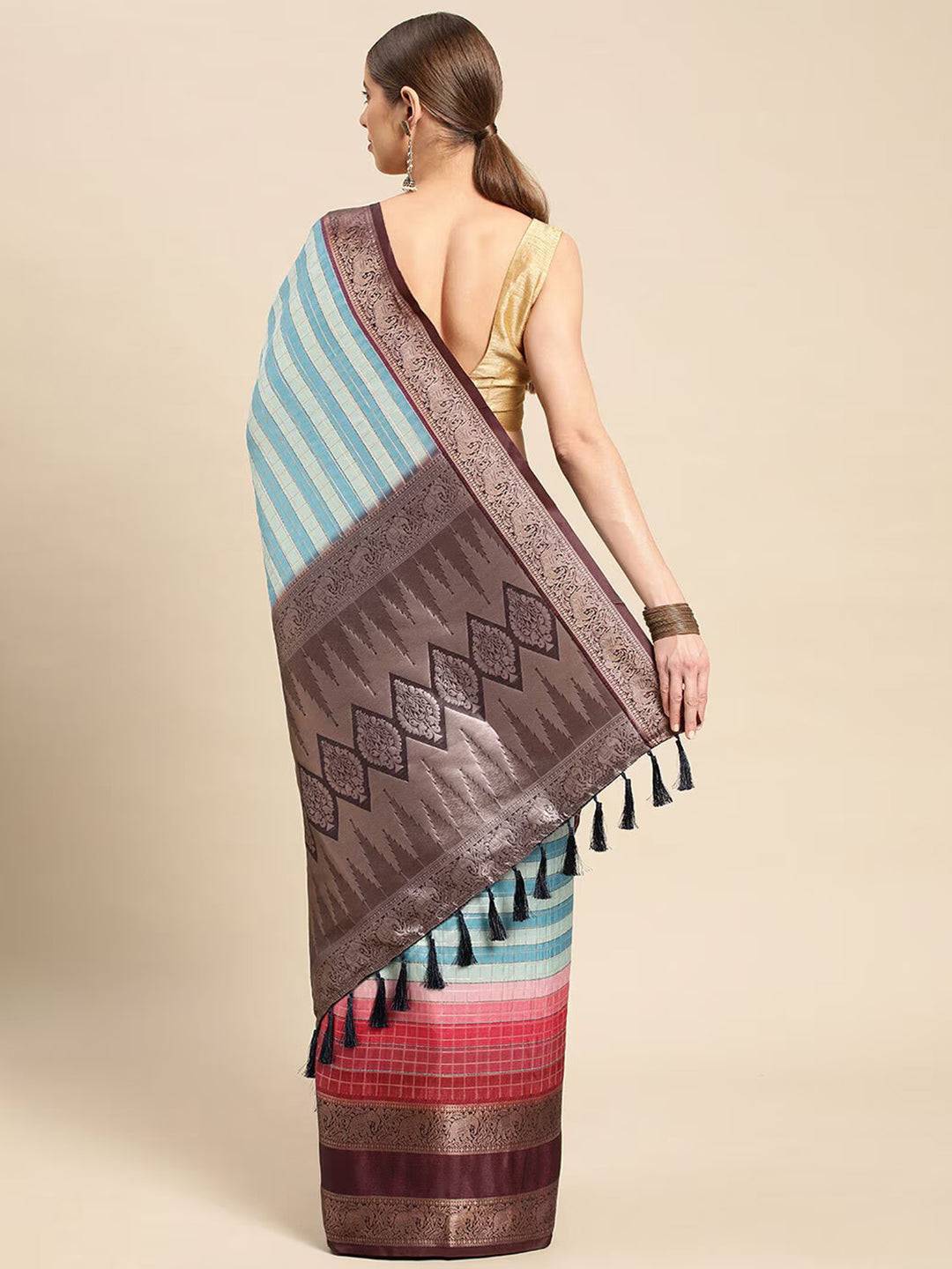 Back view of blue striped Banarasi silk saree with intricate border