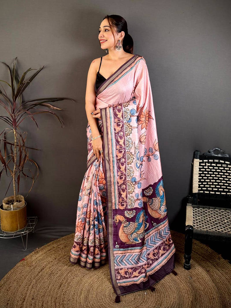 Stylish Kalamkari Lotus Tussar Saree
