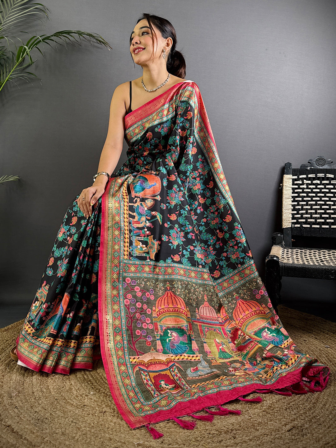 Black Soft Silk Pashmina Kashmiri Print Saree