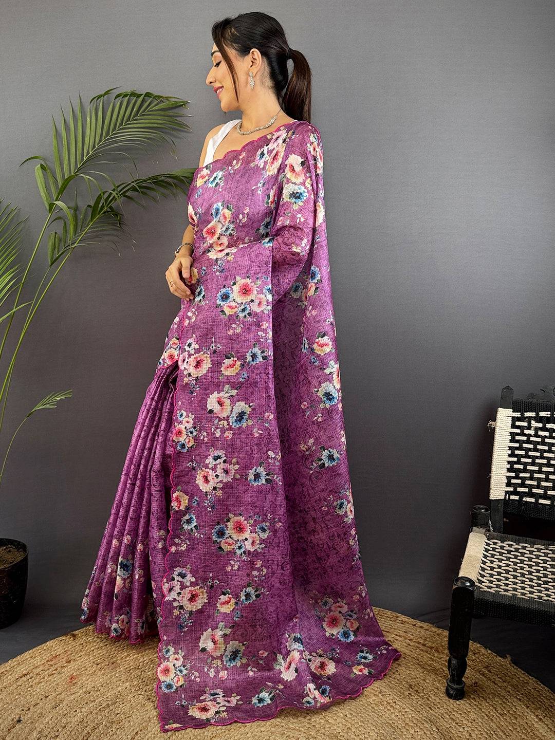 Lilac Purple Kota Doriya Floral Cut Work Saree